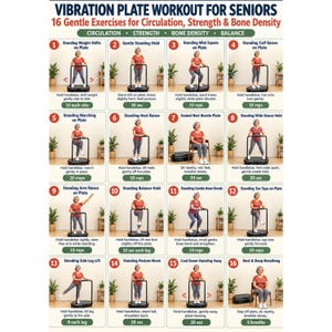 May include: An instructional chart titled VIBRATION PLATE WORKOUT FOR SENIORS featuring 16 numbered panels. Each panel displays a person demonstrating gentle exercises on a black vibration plate with a handlebar, including text instructions.