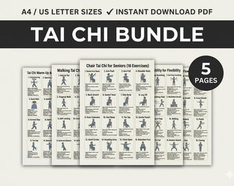 Afdrukbaar tai chi-workoutbundel, oefenschema van 5 pagina's, stoeltai chi, wandeltai chi voor senioren en beginners, balans en mobiliteit (pdf)