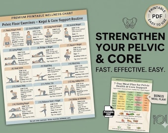 Pelvic Floor Exercises Printable, Kegel Workout Guide for Women & Men, Bladder Control Routine, Core Strength Chart, Meal Plan PDF