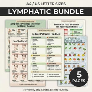 Puede incluir: Un conjunto de cinco gráficos imprimibles para ejercicios de drenaje linfático, reducción de la hinchazón y superalimentos anti-hinchazón. Los gráficos incluyen diagramas, listas de alimentos y consejos de salud. El texto incluye "Lymphatic Bundle" y "A4/US Letter Sizes".