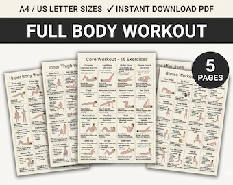 Full Body Workout Printable Bundle, 5 Page Exercise Chart, Glutes, Inner Thigh, Core & Upper Body Workout, Home Fitness PDF