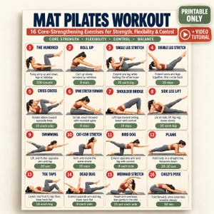 May include: A Mat Pilates Workout chart featuring 16 numbered exercises with illustrations of a person in athletic wear performing each move. The poster includes text titles, instructional descriptions, repetition counts, and a video tutorial icon.