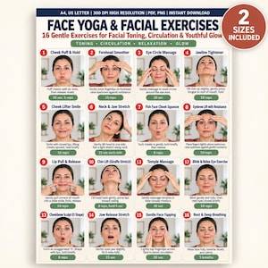Peut inclure: Un tableau numérique intitulé Face Yoga & Facial Exercises présentant 16 panneaux d'instructions numérotés. Chaque panneau montre une personne effectuant un mouvement facial spécifique avec un texte descriptif, la durée et le nombre de répétitions.