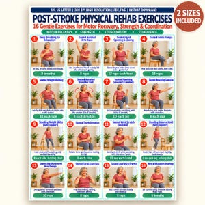 Op de afbeelding: Een digitale poster getiteld Post-Stroke Physical Rehab Exercises met 16 genummerde illustraties van een persoon die bewegingen uitvoert. De kaart bevat tekst voor motorisch herstel, kracht, coördinatie en zelfvertrouwen met herhalingsaantallen.