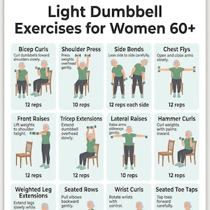 以下が含まれることがあります： 「Light Dumbbell Exercises for Women 60+」と題された印刷可能なエクササイズガイド。 このガイドは、バイセップカール、ショルダープレス、サイドベンド、チェストフライなど、さまざまなエクササイズを、指示と回数とともに示しています。