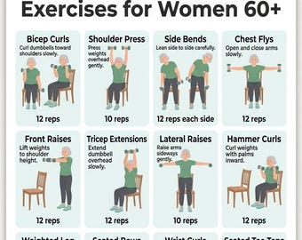 Dumbbell Exercises for Seniors Women 60+ | Seated Strength Training Chart | Low Impact Full Body Workout Poster | Elderly Fitness Printable