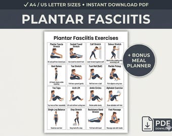 Plantar Fasciitis Exercises Printable, Foot & Heel Pain Relief Routine, Stretching Exercises Chart, Workout Plan, Meal Planner PDF