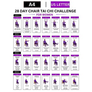 28-daagse Tai Chi-uitdaging op een stoel (PDF) | 4 weken durend programma met zachte stoeloefeningen voor vrouwen | Balans, flexibiliteit en mobiliteit (printbaar)