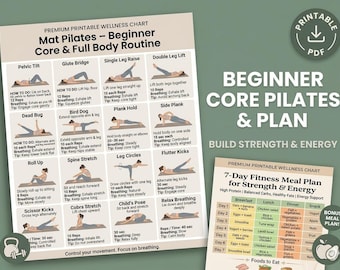 Mat Pilates Printable, Beginner Core Workout, At Home Pilates Routine Chart, Abs & Posture Exercises, Meal Plan PDF