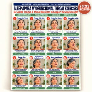 May include: A digital chart titled Sleep Apnea Myofunctional Throat Exercises featuring 16 numbered panels. Each panel displays a person demonstrating a specific tongue or throat exercise with text instructions, repetition counts, and hold times.