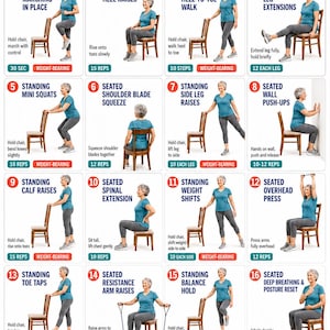 Puede incluir: Una infografía educativa titulada OSTEOPOROSIS WORKOUT que presenta 16 ejercicios de bajo impacto para la fuerza ósea y el equilibrio. Cada sección muestra a una persona con camiseta azul y pantalones grises realizando movimientos con una silla.