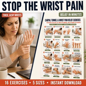 May include: A poster titled Carpal Tunnel & Wrist Pain Relief Exercises featuring 16 numbered illustrations of hand and wrist stretches. The text includes instructions for flexibility, nerve relief, strength, and relaxation, with the header Stop the Wrist Pain.