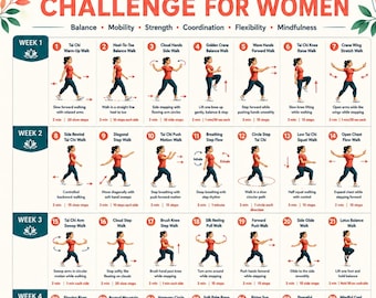 Sfida di 28 giorni di Tai Chi camminato per donne/anziane (PDF stampabile) / Programma di allenamento per equilibrio, mobilità e flessibilità