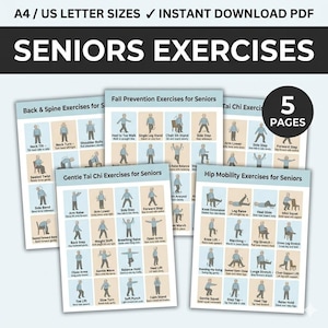 May include: A collection of exercise guides for seniors, featuring illustrations of various movements. The guides cover back and spine, fall prevention, Tai Chi, and hip mobility exercises. The text includes "Seniors Exercises" and "5 Pages."