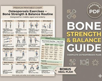 Osteoporosis Exercise Printable, Bone Strength & Balance Workout, Fall Prevention Routine, Weight Bearing Exercises Chart, Meal Plan PDF