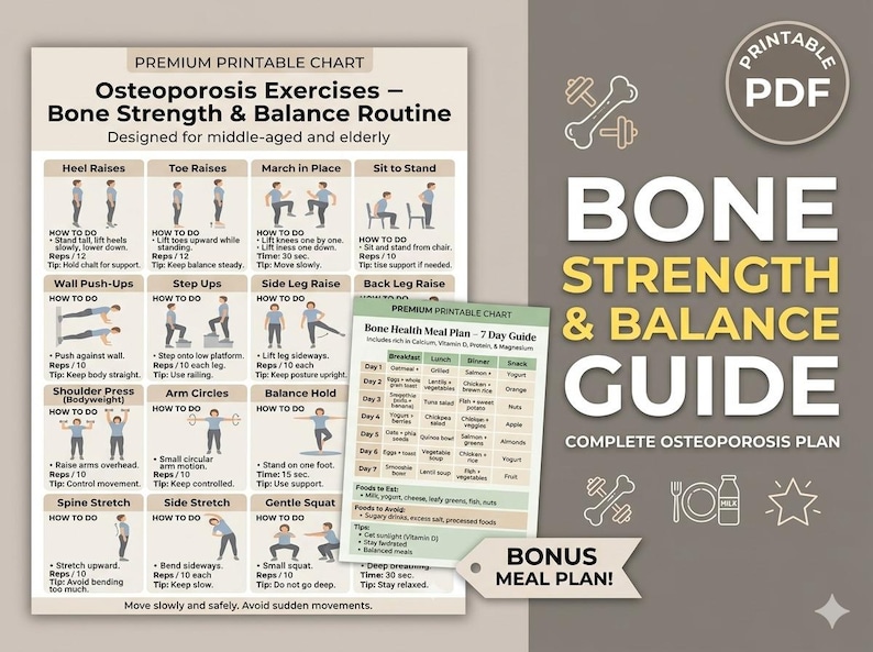 Osteoporosis Exercise Printable, Bone Strength & Balance Workout, Fall ...