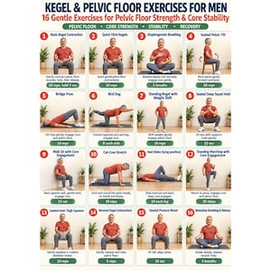 May include: An instructional poster titled Kegel & Pelvic Floor Exercises for Men, featuring 16 numbered panels with illustrations of a person in a red shirt and gray pants performing various physical movements for strength and stability.