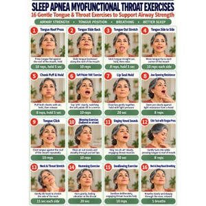 Può includere: Un grafico informativo intitolato Sleep Apnea Myofunctional Throat Exercises con 16 pannelli numerati. Ogni pannello mostra una persona che esegue un esercizio specifico per la lingua o la gola con istruzioni testuali e numero di ripetizioni.