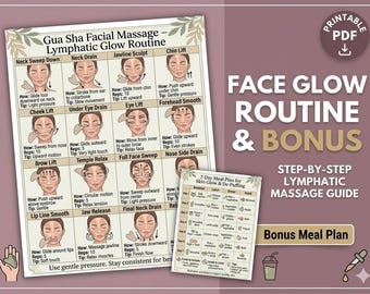 Gua Sha Face Massage Printable, Facial Lymphatic Drainage Chart, De-Puff & Glow Routine, Jawline Sculpt Guide, Meal Planner PDF