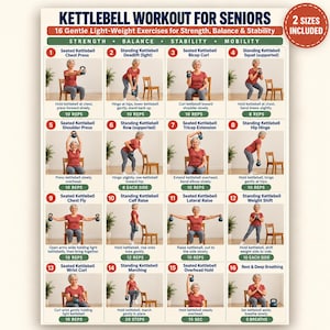 May include: A poster titled Kettlebell Workout for Seniors featuring 16 numbered exercise panels. Each panel shows a person demonstrating a movement with a kettlebell, including instructions and repetition counts for strength, balance, and mobility.