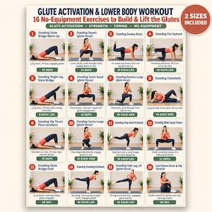 May include: A workout chart titled Glute Activation & Lower Body Workout featuring 16 numbered exercise illustrations. Each panel shows a person in athletic wear performing movements like squats, lunges, and bridges with text instructions and rep counts.