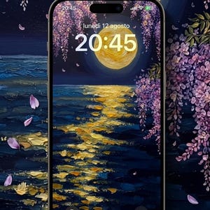 Moonlight Reflection Wallpaper, Celestial Digital Download, Art iPhone Background, Gold Moon Night Sky Art