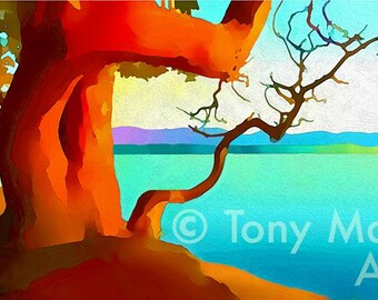 May include: A vibrant digital painting featuring a large, orange-toned tree trunk in the foreground with bare, dark branches extending over a bright turquoise lake and distant purple mountains. The text Tony Max Art is visible.