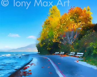 Seawall in Fall – Horizontaal – Vancouver-kunst, Vancouver-schilderijen, Vancouver-muurkunst, prenten van Vancouver, BC-kunst, BC-schilderijen, BC-posters