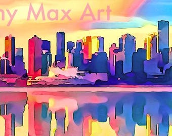 Ochtend in de binnenstad. Vancouver-kunstafdrukken, Vancouver-schilderijen, Vancouver-muurkunst, Vancouver-muurdecor, Vancouver-skylinekunst, Vancouver-kunst