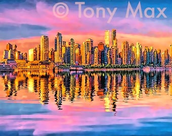 Coal Harbor Daybreak – Horizontaal. Vancouverkunst, Vancouver-schilderijen, Vancouver-prints, Vancouver-posters, Coal Harbor-muurkunst