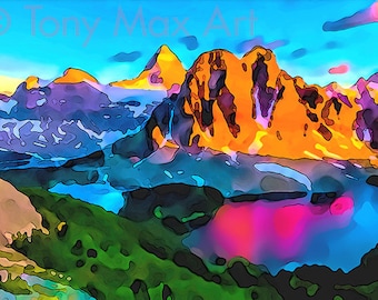Sunburst Peaks and Mount Assinaboine. Rocky Mountains, bc art, BC paintings, BC mountains art, East Kootenay paintings, East Kootenay art