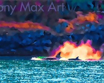 May include: A watercolour painting depicting two dolphins in the sea. The sky is a mix of orange, pink, and purple. The text "Tony Max Art" is visible in the upper left corner of the image.