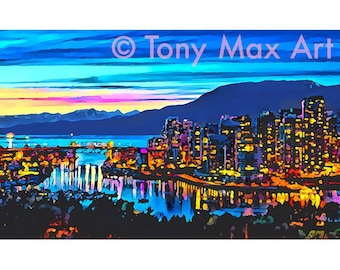 False Creek Evening Lights – horizontaal. Vancouverkunst, Vancouver-schilderijen, Vancouver-afdrukken, Vancouver-posters, Vancouver-skylinekunst