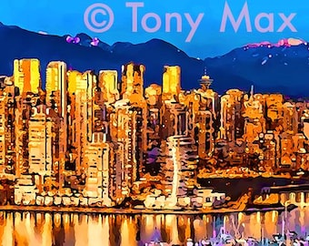 False Creek: oranjegele torens.  Kunstprints van Vancouver, schilderijen van Vancouver, kunst aan de muur van Vancouver, kunst in het centrum van Vancouver, kunst van False Creek