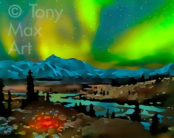 May include: An artistic landscape painting shows a vivid aurora borealis with green and yellow tones lighting up a starry night sky. Teal mountains and a dark landscape with a river are below. The artwork is signed "Tony Max Art".
