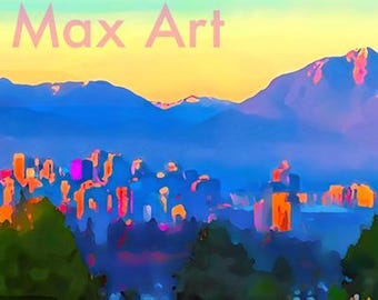 Q E-parkzicht bij zonsondergang. Vancouver-prints, Vancouver-kunstafdrukken, Vancouver-schilderijen, Vancouver-muurkunst, Vancouver-giclees,