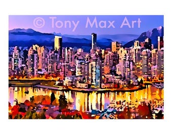False Creek-avond: horizontaal. Vancouver-prints, BC-posters, Vancouver-kunstafdrukken, BC-kunst, BC-schilderijen, Vancouver-schilderijen, BC-muurkunst