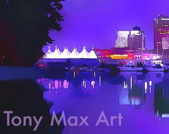 Coal Harbor – Violet Twilight – Close-up. Vancouver-kunst, Vancouver-schilderijen, Vancouver-afdrukken, Vancouver-wanddecor, schilderijen,
