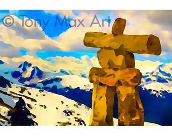 May include: An artistic depiction of an Inukshuk sculpture set against a backdrop of snow-covered mountains and a cloudy blue sky. The sculpture is made of stacked, weathered stones, and the artwork is signed "Tony Max Art".