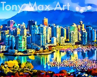 Overzicht False Creek: horizontaal. De kunst van Vancouver, de schilderijen van Vancouver, de prenten van Vancouver, de affiches van Vancouver, de skyline van Vancouver kunst,