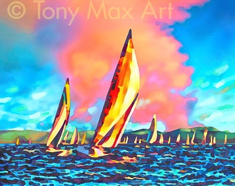Regatta 2 – Horizontal. sailing art, sailing regatta art, BC sailing, sail race, regatta art, regatta paintings, sailing racing
