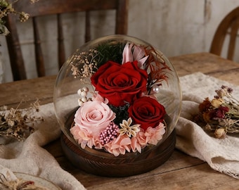 Echte getrocknete Blume | Rot & Rosa Rose Glaskuppel | Romantisches Wohndekor | Muttertagsgeschenk | Geschenk für sie | Einzigartiges Geschenk für Mama