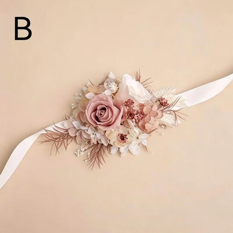 Getrocknete Blumen Corsage Set, Floral Handgelenk Corsage und Boutonniere, Neutral Cottagecore Blumen Zubehör, konserviertes Blumen Geschenk für Hochzeiten Bild 5