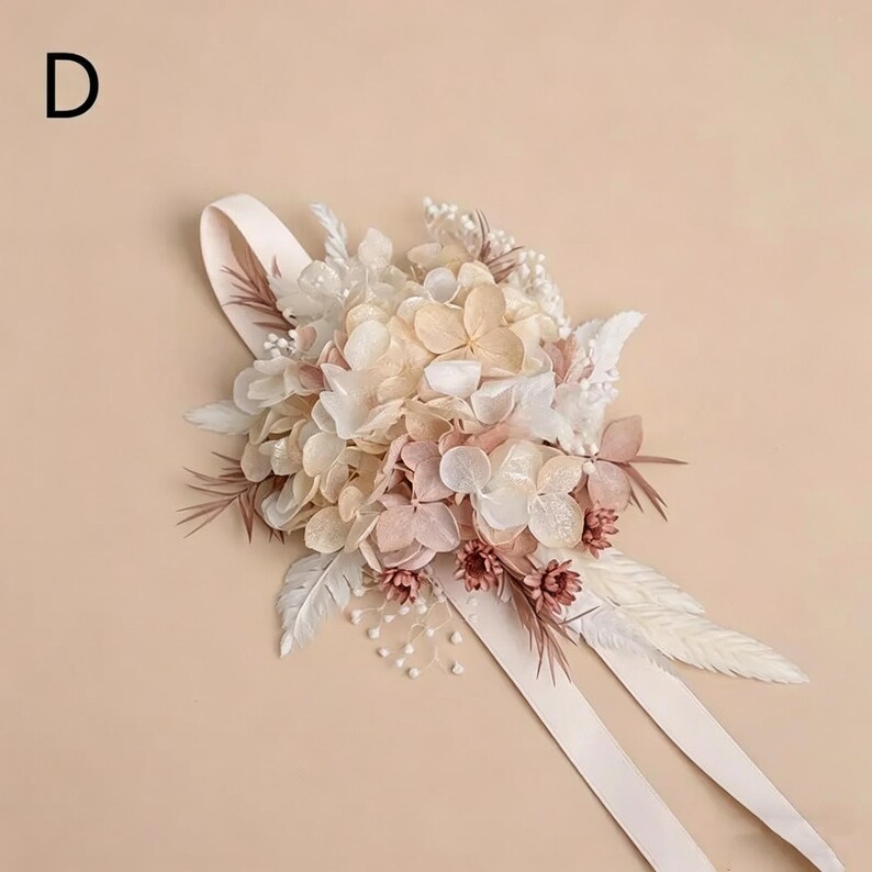 Getrocknete Blumen Corsage Set, Floral Handgelenk Corsage und Boutonniere, Neutral Cottagecore Blumen Zubehör, konserviertes Blumen Geschenk für Hochzeiten Bild 7
