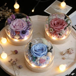 May include: Three glass domes with preserved roses in shades of pink, purple, and blue, set on wooden bases with built-in lights. The domes are arranged on a light-colored tray, with string lights adding a warm glow.