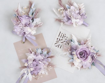 Ensemble de corsage de mariage pourpre poussiéreux - corsage de poignet de fleurs conservées et séchées, corsage de demoiselle d'honneur, boutonnière de garçons d'honneur, accessoires de mariage bohème