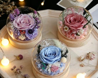 Echte getrocknete Blume | mehrfarbige rosa Glaskuppel | Muttertagsgeschenk | Elegantes Wohnkultur | Geschenk für sie