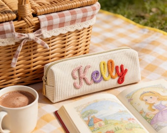 Benutzerdefinierte Name Rucksack Federmäppchen, Retro Fleece Studenten Schreibwaren Tasche, personalisierte Abschluss Saison Geschenk