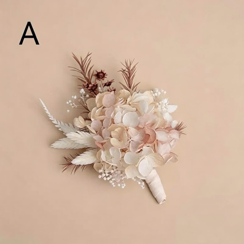 Getrocknete Blumen Corsage Set, Floral Handgelenk Corsage und Boutonniere, Neutral Cottagecore Blumen Zubehör, konserviertes Blumen Geschenk für Hochzeiten Bild 4