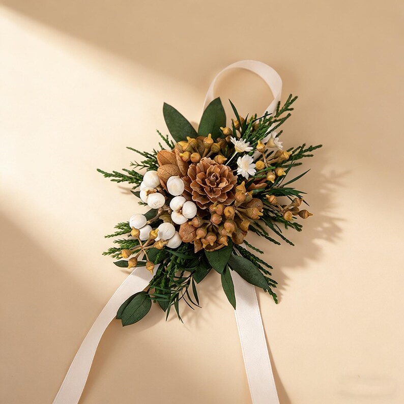 Peut inclure: Un arrangement floral artisanal avec un c&ocirc;ne de pin central, des bourgeons blancs ressemblant &agrave; du coton et de petites fleurs blanches. L'arrangement est orn&eacute; de feuillage vert et li&eacute; avec un ruban cr&egrave;me, id&eacute;al pour les mariages.